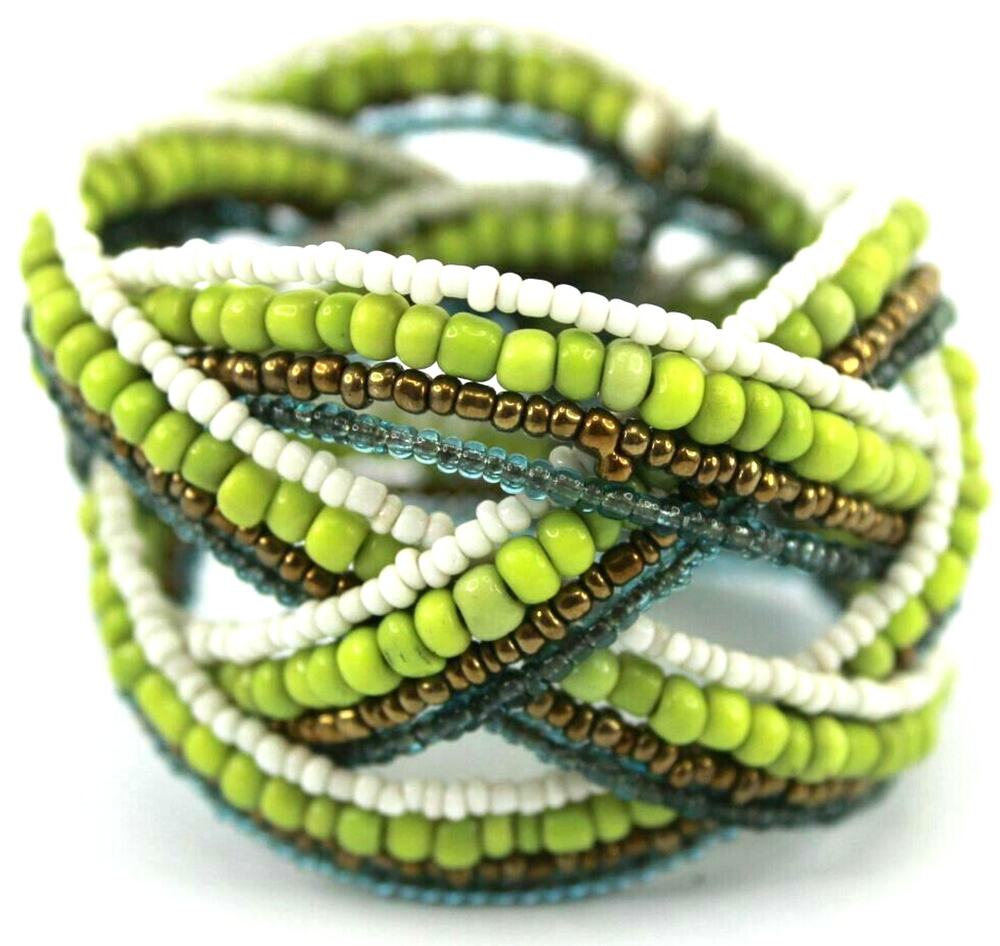 Yellow Green, White, Clear Blue, & Gold Beads Crafted Look Chunky Bracelet